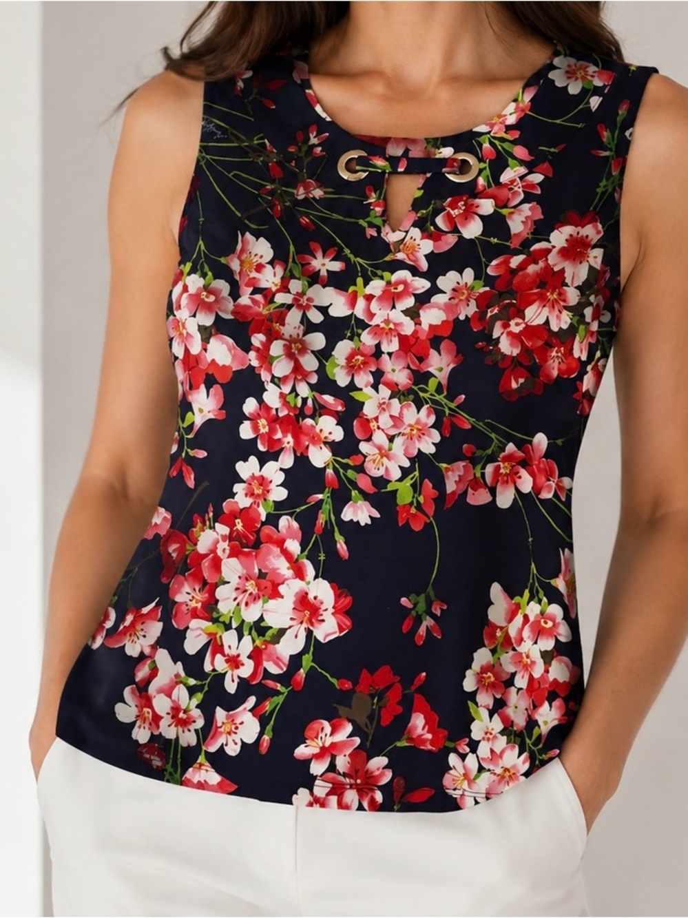 Tommy Hilfiger Navy Floral Keyhole Camisole with Gold Grommet